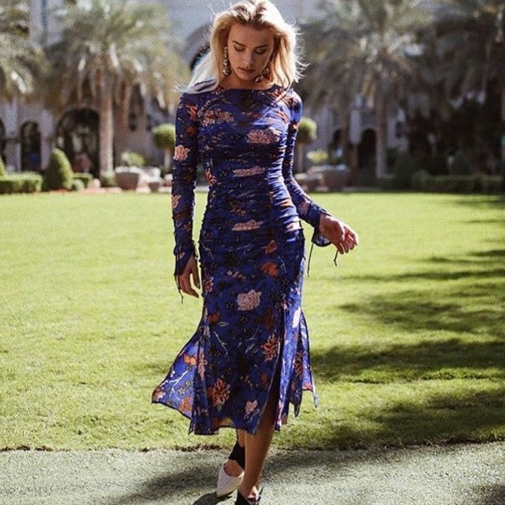 DVF | Canton Blue Mesh Overlay Blue Ruched Dress 4 - Picture 5 of 8